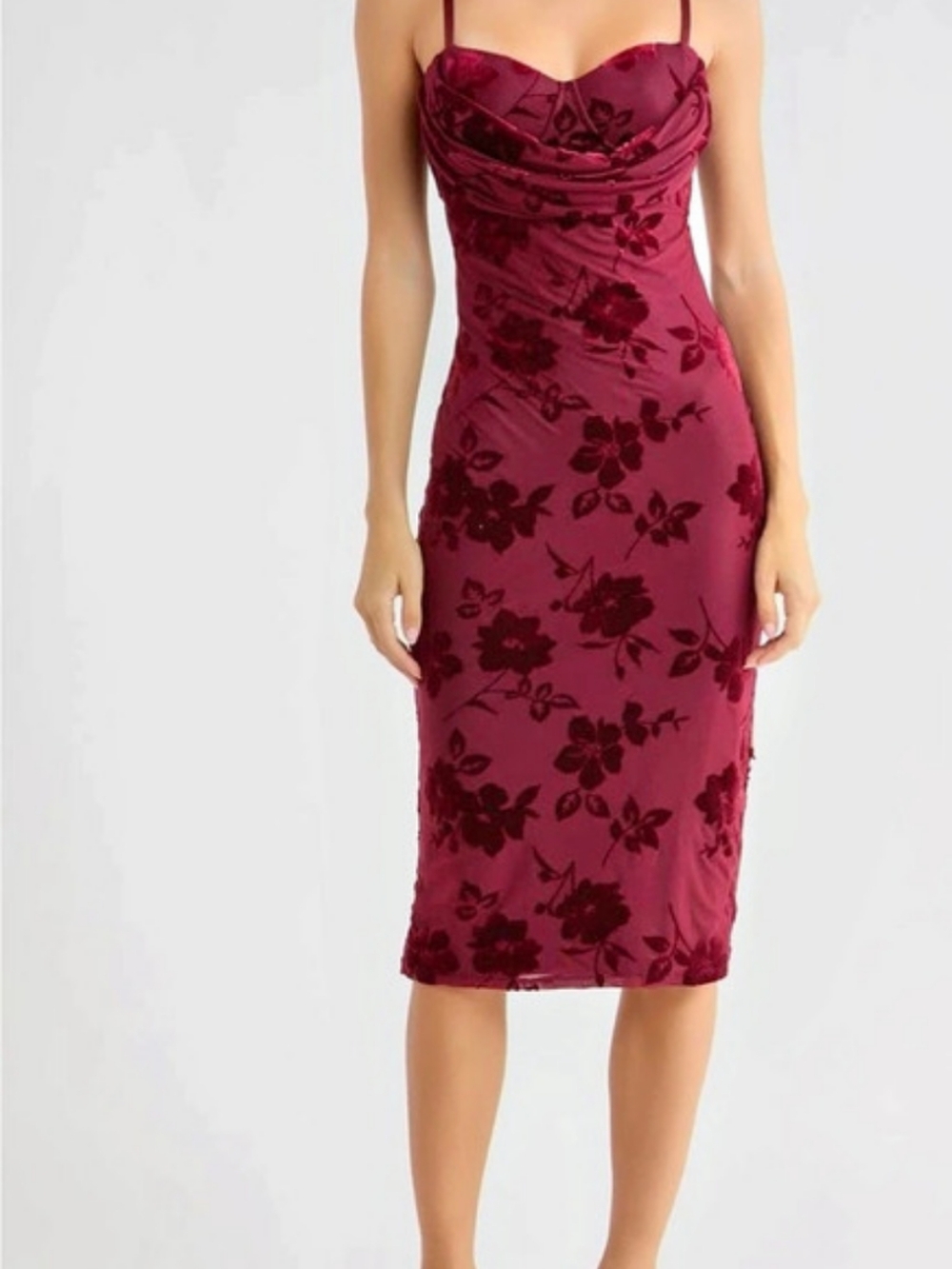 Burgundy Floral Midi Dress Cowl Neck Size L
